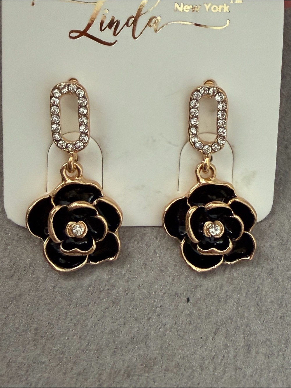 Camellia flower earrings gold tone with black flower